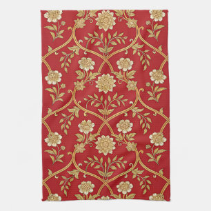 Elegant Rood Gouden Bloem Lattice Theedoek