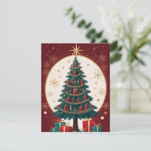 Elegant rood gouden kerstboom Wenskaart Feestdagenkaart (Staand voorkant)
