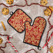 Elegant rood & gouden kronkelende patronen Boho Ke Ovenwant & Pannenlap Set