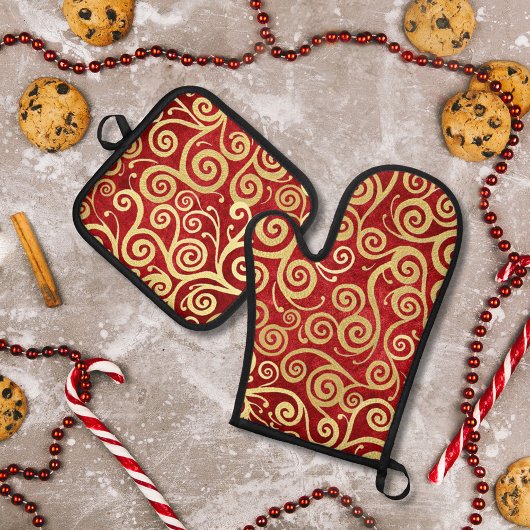 Elegant rood & gouden kronkelende patronen Boho Ke Ovenwant & Pannenlap Set