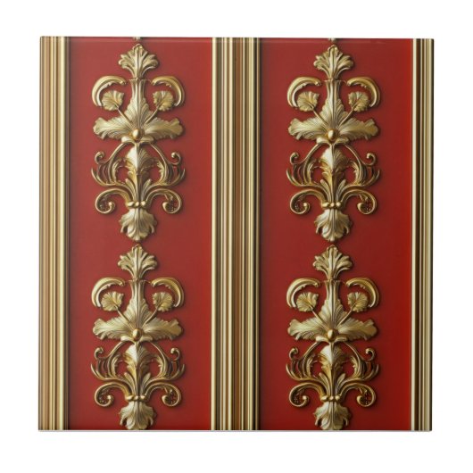 Elegant rood gouden patroon tegeltje (Voorkant)