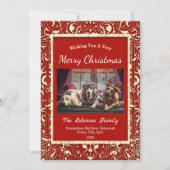 Elegant rood gouden twee foto's kerst flat feestdagenkaart (Voorkant)