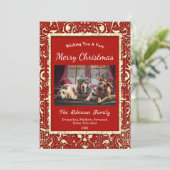 Elegant rood gouden twee foto's kerst flat feestdagenkaart (Staand voorkant)