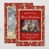 Elegant rood gouden twee foto's kerst flat feestdagenkaart (Voorkant / Achterkant)