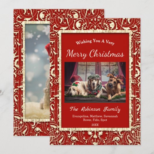 Elegant rood gouden twee foto's kerst flat feestdagenkaart (Voorkant / Achterkant)