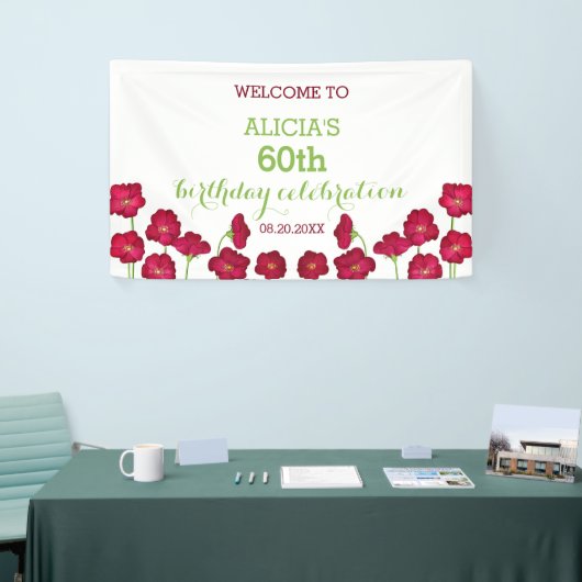 Elegant rood groeiende Wildflower Verjaardagsfeest Spandoek (Beurs)