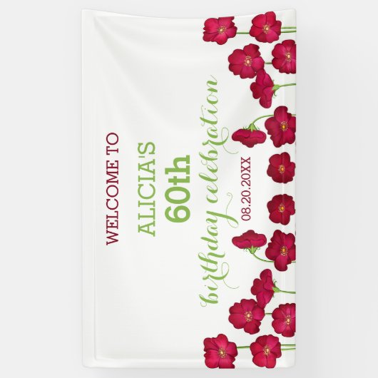 Elegant rood groeiende Wildflower Verjaardagsfeest Spandoek (Verticaal)