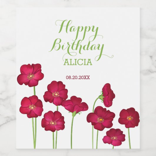 Elegant rood groeiende Wildflower Verjaardagsfeest Wijn Etiket (Enkel label)