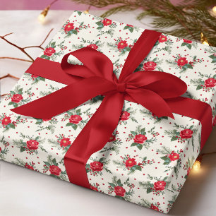 Elegant rood groen bloemmotief kerstpatroon cadeaupapier