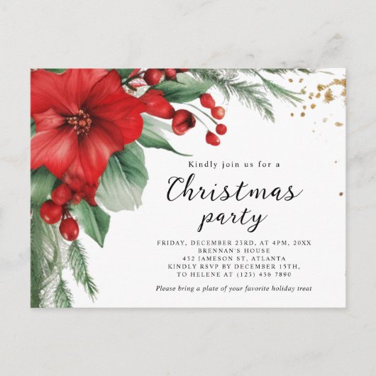 Elegant rood groen botanisch kerstfeest uitnodiging briefkaart (Voorkant)