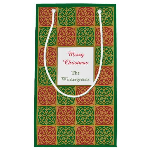 Elegant rood, groen en goud bewerkbaar klein cadeauzakje (Voorkant)