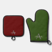 Elegant rood groen gepersonaliseerd monogram naam ovenwant & pannenlap set (Voorkant)