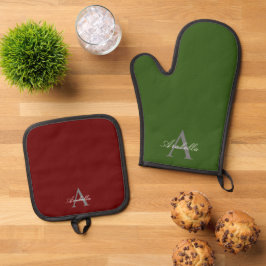 Elegant rood groen gepersonaliseerd monogram naam ovenwant & pannenlap set