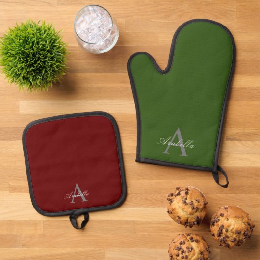 Elegant rood groen gepersonaliseerd monogram naam ovenwant & pannenlap set (Top down)