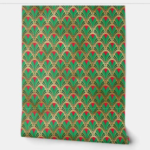 Elegant rood groen goud art deco  patroon behang