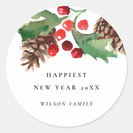 ELEGANT ROOD GROEN HOLLY BERRY PINE CONE NIEUW JAA RONDE STICKER (Voorkant)