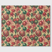 Elegant  rood groen kerstballen goud cadeaupapier (Vlak)