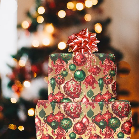 Elegant  rood groen kerstballen goud cadeaupapier