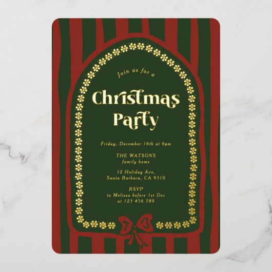 Elegant rood groen kerstdiner folie uitnodiging (Voorkant)