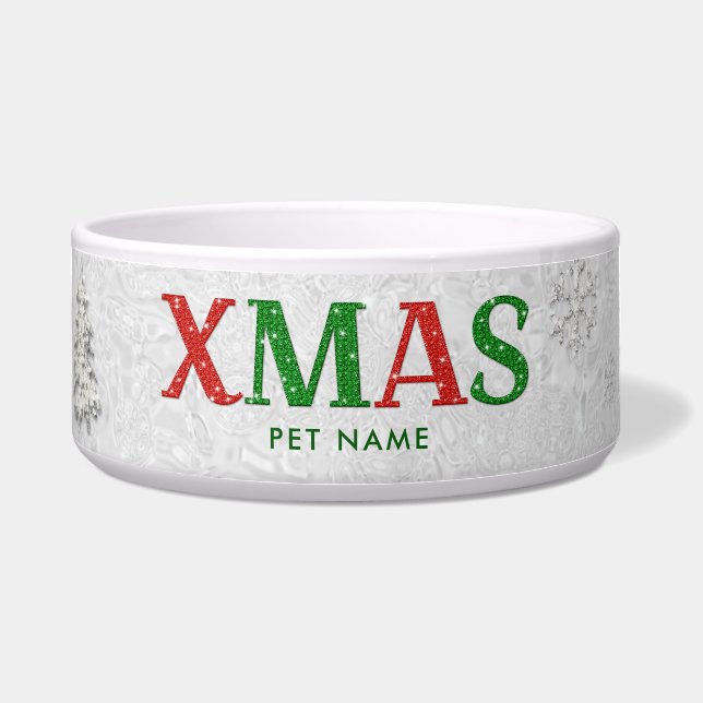 Elegant rood groen strass vrolijk wit kerst voerbakje (Voorkant)