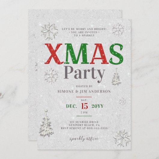 Elegant Rood Groen Wit Glitter Kerstfeest Kaart (Voorkant / Achterkant)