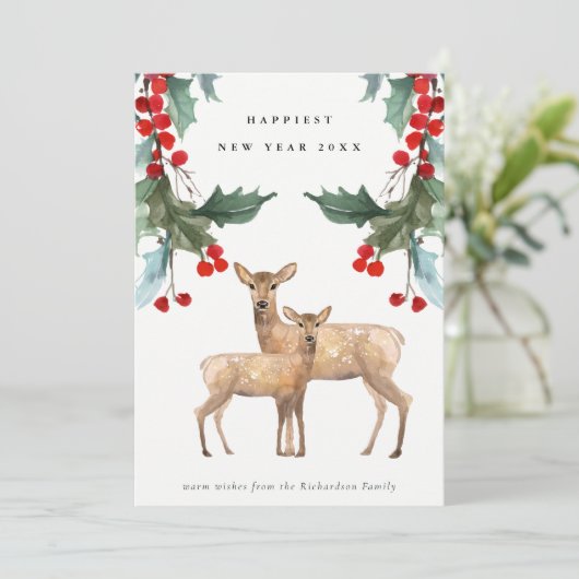 ELEGANT ROOD GROENE HOLLY BES HERT DUO NIEUWJAAR FEESTDAGENKAART