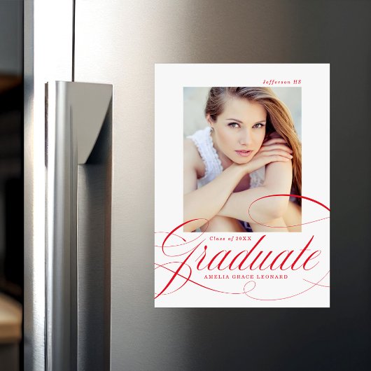 Elegant rood kalligrafie script foto Afstuderen Magnetische Uitnodiging