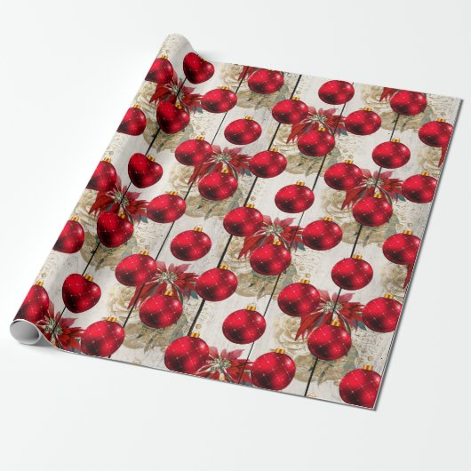 Elegant  rood kerstbloempatroon cadeaupapier (Uitgerold)