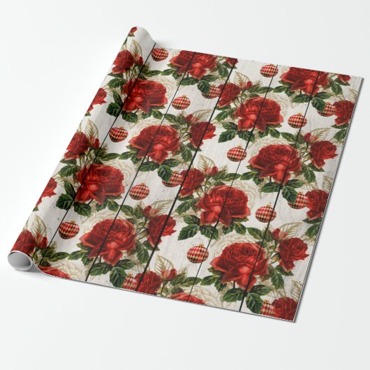 Elegant  rood kerstbloempatroon cadeaupapier (Uitgerold)