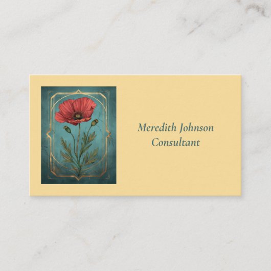  Elegant Rood Klaproos en Blauwgroen Groen Bloemen Visitekaartje (Voorkant)