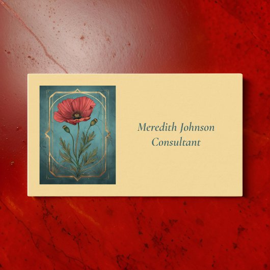  Elegant Rood Klaproos en Blauwgroen Groen Bloemen Visitekaartje