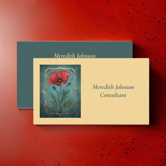  Elegant Rood Klaproos en Blauwgroen Groen Bloemen Visitekaartje