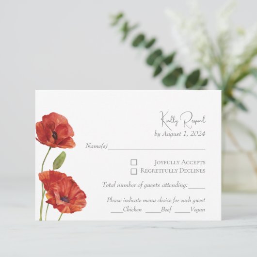 Elegant Rood Klaproos Waterverf Bloemen Bruiloft R RSVP Kaartje (Staand voorkant)