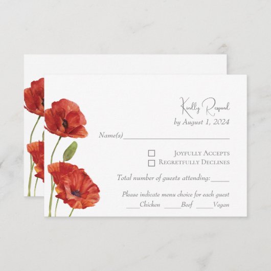 Elegant Rood Klaproos Waterverf Bloemen Bruiloft R RSVP Kaartje (Voorkant / Achterkant)