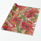 Elegant rood koraal groen goud waterverf floraal cadeaupapier (Uitgerold)