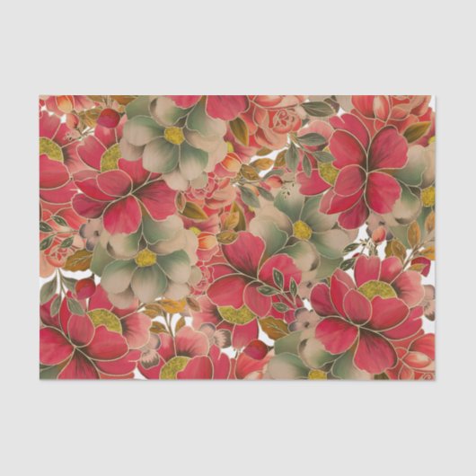 Elegant rood koraal groen goud waterverf floraal tissuepapier (Voorkant)