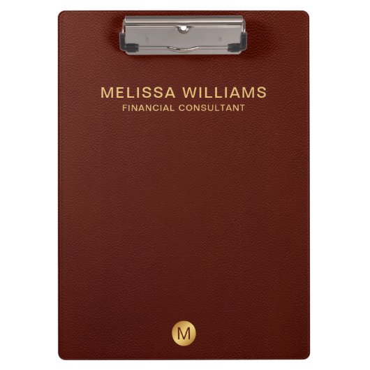 Elegant rood leder en gouden monogram Initiaal Klembord (Voorkant)