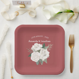 Elegant rood leer en witte rozen bruiloft papieren bordje