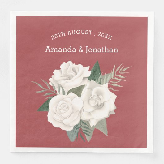 Elegant rood leer en witte rozen bruiloft servet (Voorkant)