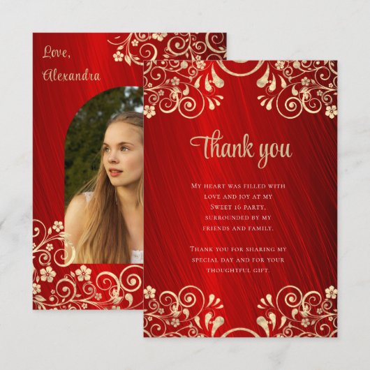 Elegant rood lief zestien foto dank u bedankkaart (Voorkant / Achterkant)