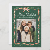 Elegant rood lint en groen 2 foto feestdagenkaart (Voorkant)