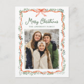 Elegant rood lint en groen 2 foto feestdagenkaart (Voorkant)