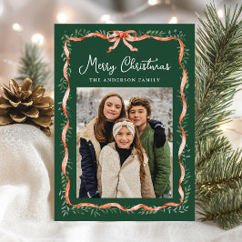 Elegant rood lint en groen 2 foto feestdagenkaart