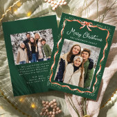 Elegant rood lint en groen 2 foto feestdagenkaart
