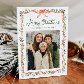 Elegant rood lint en groen 2 foto feestdagenkaart