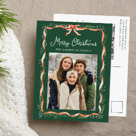 Elegant rood lint en groen 2 foto feestdagenkaart