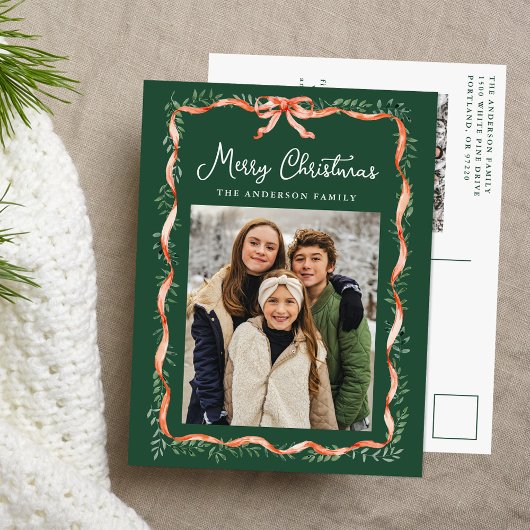 Elegant rood lint en groen 2 foto feestdagenkaart