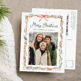Elegant rood lint en groen 2 foto feestdagenkaart