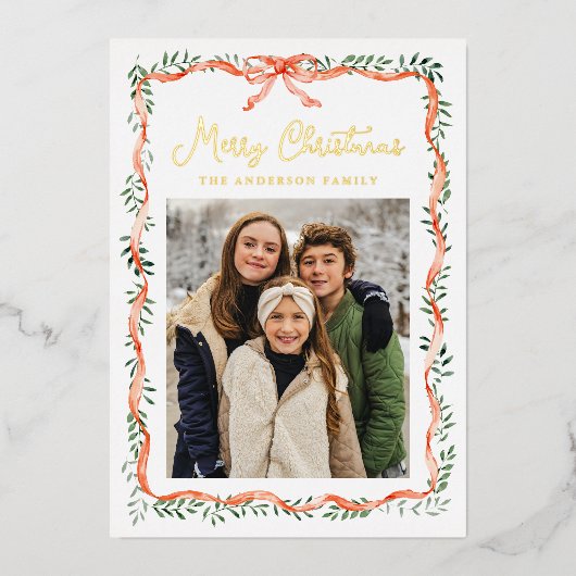 Elegant rood lint en groen 2 foto folie feestdagenkaart (Voorkant)