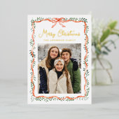 Elegant rood lint en groen 2 foto folie feestdagenkaart (Staand Voorkant)